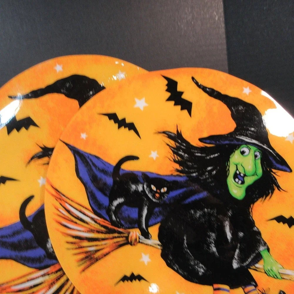 VTG Halloween Witch Black Cat Flying Broomstick Round Placemats Set of 2 Holiday